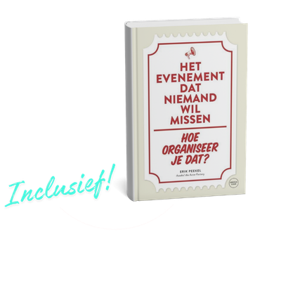 Mock-up van het boek 'Het evenement dat niemand wil missen'